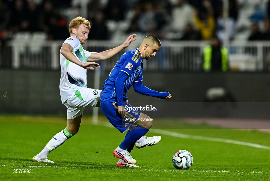 24 September 2026; Edon Zhegrova of Kosovo in action against Liam Scales of Republic of Ireland during the UEFA Nations League B match between Kosovo and Republic of Ireland at Fadil Vokrri Stadium in Pristina, Kosovo. Photo by Ben McShane/Sportsfile