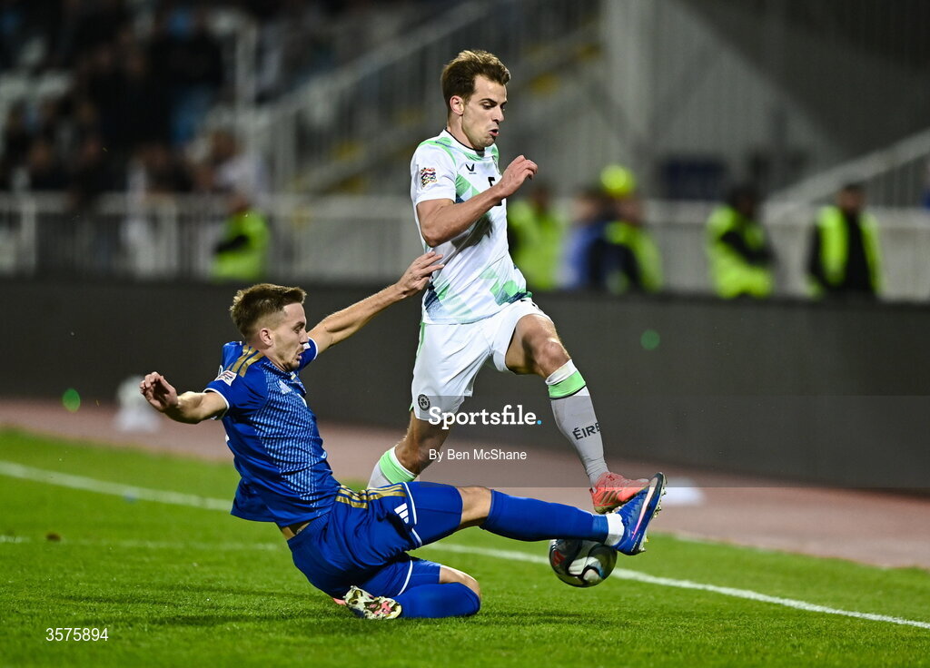 24 September 2026; Jayson Molumby of Republic of Ireland is tackled by Illir Krasniqi of Kosovo during the UEFA Nations League B match between Kosovo and Republic of Ireland at Fadil Vokrri Stadium in Pristina, Kosovo. Photo by Ben McShane/Sportsfile