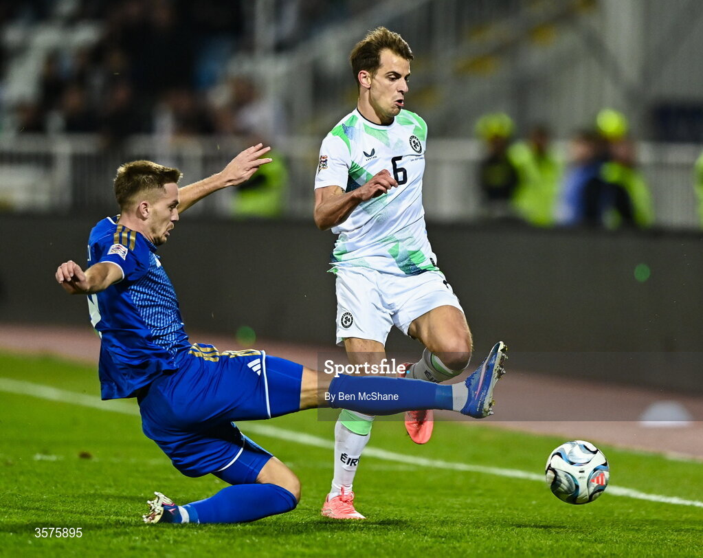 24 September 2026; Jayson Molumby of Republic of Ireland is tackled by Illir Krasniqi of Kosovo during the UEFA Nations League B match between Kosovo and Republic of Ireland at Fadil Vokrri Stadium in Pristina, Kosovo. Photo by Ben McShane/Sportsfile