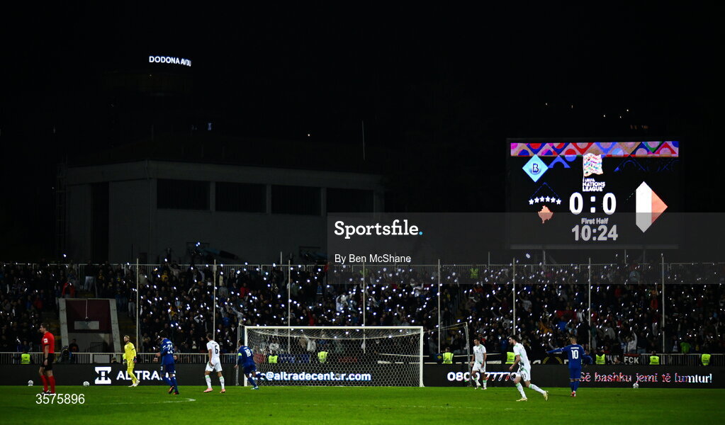 24 September 2026; A general view inside the stadium as Kosovo supporters use their smartphones to create a lighting display during the UEFA Nations League B match between Kosovo and Republic of Ireland at Fadil Vokrri Stadium in Pristina, Kosovo. Photo by Ben McShane/Sportsfile