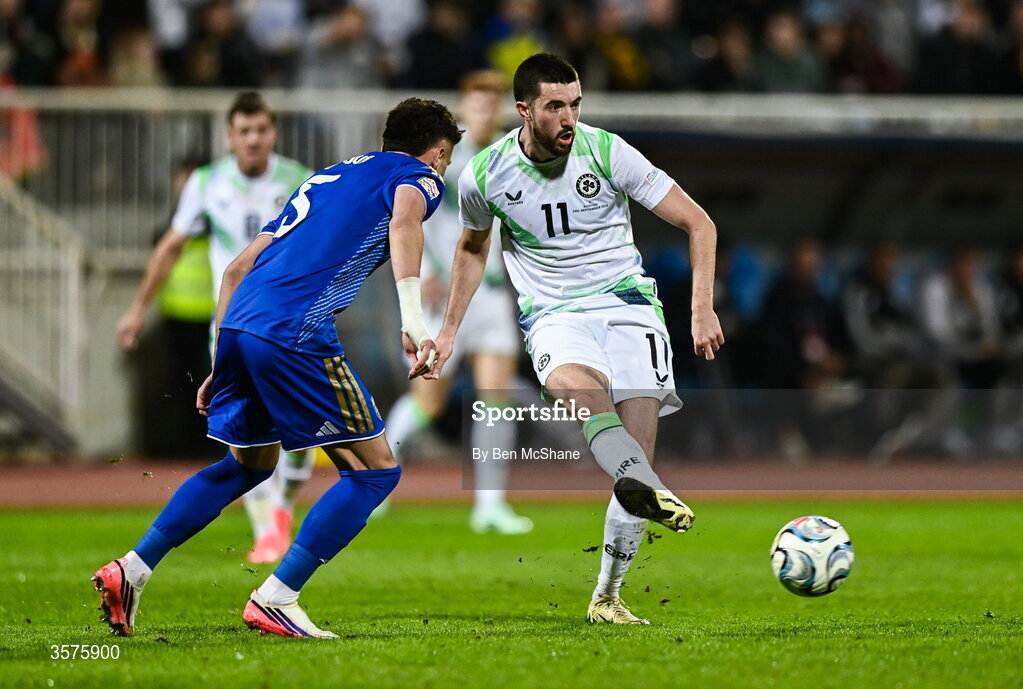 24 September 2026; Finn Azaz of Republic of Ireland in action against Lumbardh Dellova of Kosovo during the UEFA Nations League B match between Kosovo and Republic of Ireland at Fadil Vokrri Stadium in Pristina, Kosovo. Photo by Ben McShane/Sportsfile