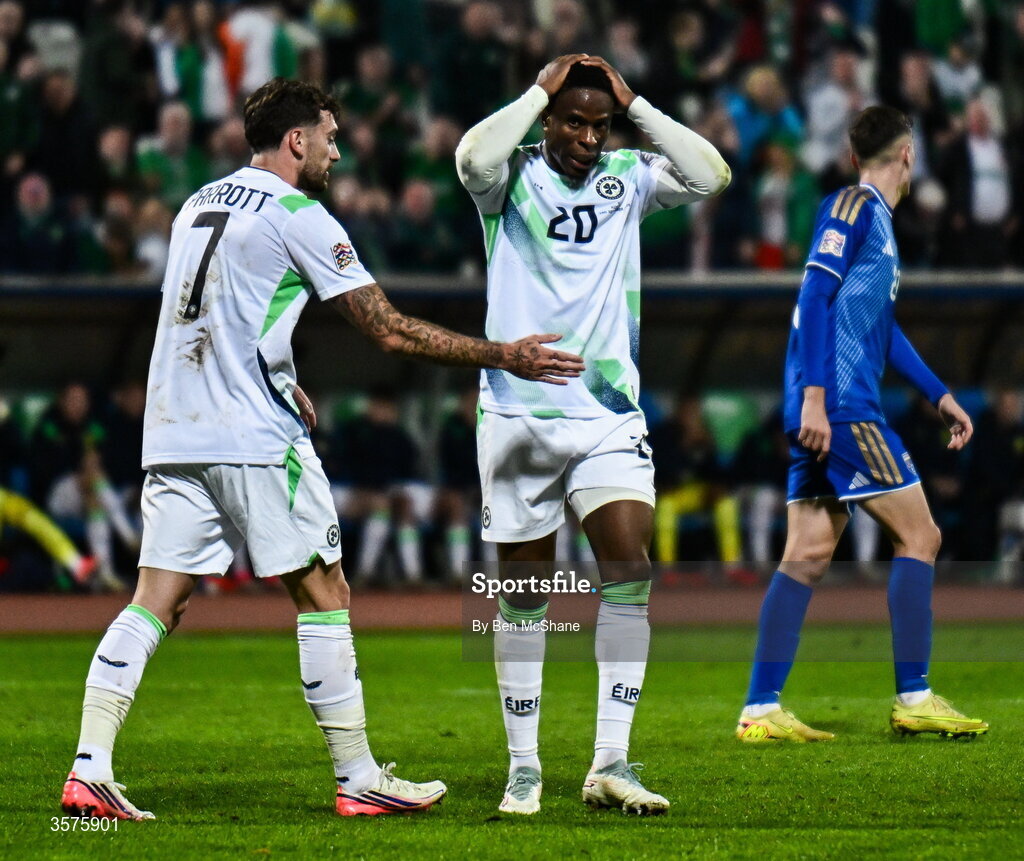 24 September 2026; Chiedozie Ogbene of Republic of Ireland reacts to a missed opportunity on goal, as he is consoled by team-mate Troy Parrott, left, during the UEFA Nations League B match between Kosovo and Republic of Ireland at Fadil Vokrri Stadium in Pristina, Kosovo. Photo by Ben McShane/Sportsfile