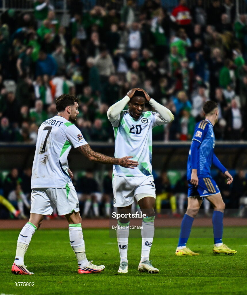 24 September 2026; Chiedozie Ogbene of Republic of Ireland reacts to a missed opportunity on goal, as he is consoled by team-mate Troy Parrott, left, during the UEFA Nations League B match between Kosovo and Republic of Ireland at Fadil Vokrri Stadium in Pristina, Kosovo. Photo by Ben McShane/Sportsfile