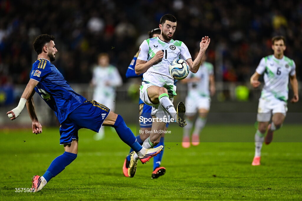 24 September 2026; Finn Azaz of Republic of Ireland in action against Lumbardh Dellova of Kosovo during the UEFA Nations League B match between Kosovo and Republic of Ireland at Fadil Vokrri Stadium in Pristina, Kosovo. Photo by Ben McShane/Sportsfile