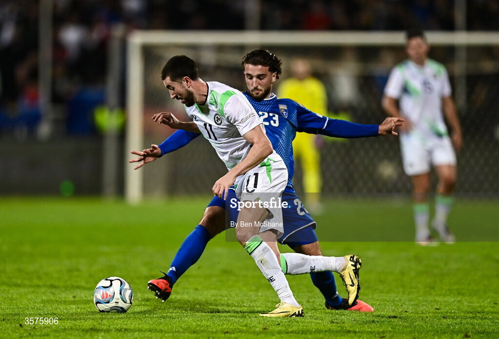 24 September 2026; Finn Azaz of Republic of Ireland in action against Leon Avdullahu of Kosovo during the UEFA Nations League B match between Kosovo and Republic of Ireland at Fadil Vokrri Stadium in Pristina, Kosovo. Photo by Ben McShane/Sportsfile
