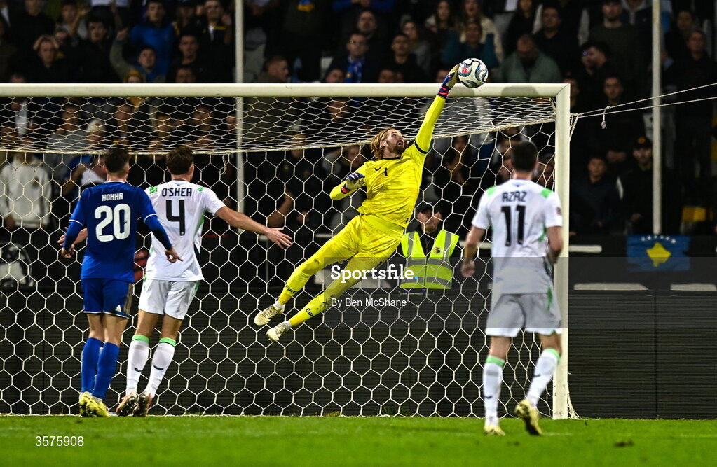 24 September 2026; Republic of Ireland goalkeeper Caoimhín Kelleher makes a save from the header of Vedat Muriqi of Kosovo, not pictured, during the UEFA Nations League B match between Kosovo and Republic of Ireland at Fadil Vokrri Stadium in Pristina, Kosovo. Photo by Ben McShane/Sportsfile