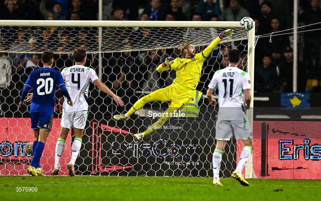 24 September 2026; Republic of Ireland goalkeeper Caoimhín Kelleher makes a save from the header of Vedat Muriqi of Kosovo, not pictured, during the UEFA Nations League B match between Kosovo and Republic of Ireland at Fadil Vokrri Stadium in Pristina, Kosovo. Photo by Ben McShane/Sportsfile