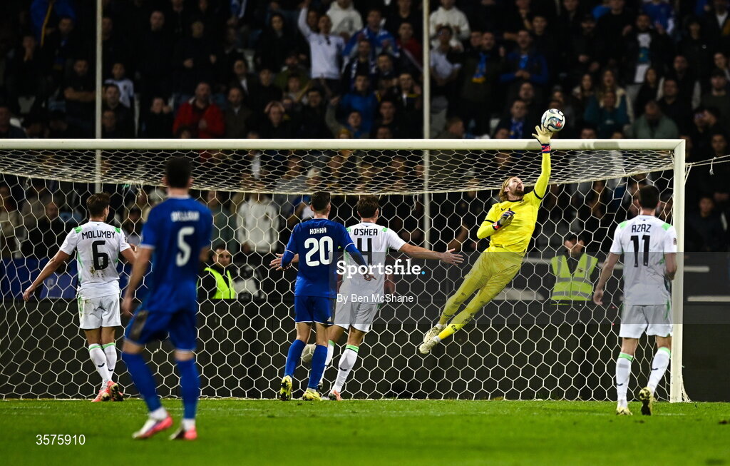 24 September 2026; Republic of Ireland goalkeeper Caoimhín Kelleher makes a save from the header of Vedat Muriqi of Kosovo, not pictured, during the UEFA Nations League B match between Kosovo and Republic of Ireland at Fadil Vokrri Stadium in Pristina, Kosovo. Photo by Ben McShane/Sportsfile