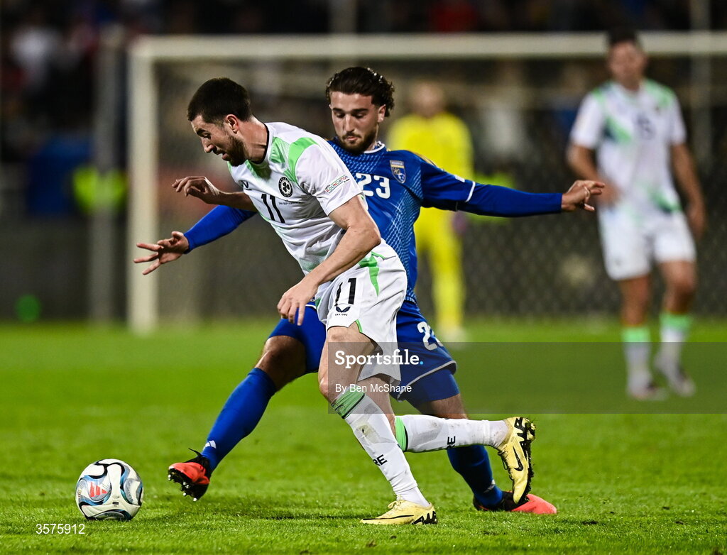 24 September 2026; Finn Azaz of Republic of Ireland in action against Leon Avdullahu of Kosovo during the UEFA Nations League B match between Kosovo and Republic of Ireland at Fadil Vokrri Stadium in Pristina, Kosovo. Photo by Ben McShane/Sportsfile