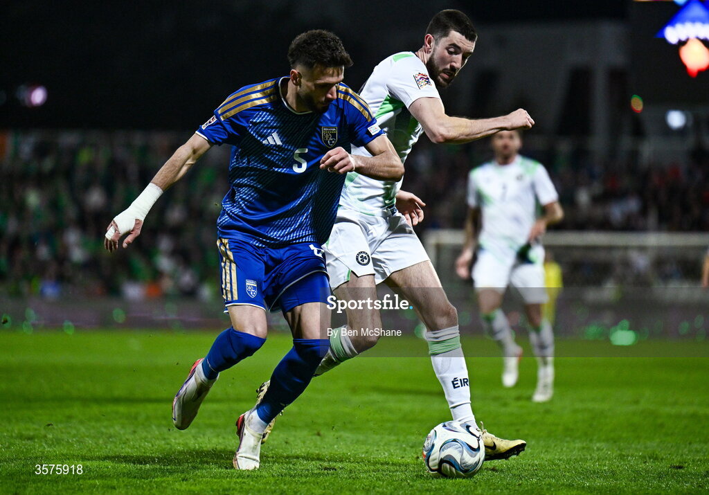24 September 2026; Lumbardh Dellova of Kosovo in action against Finn Azaz of Republic of Ireland during the UEFA Nations League B match between Kosovo and Republic of Ireland at Fadil Vokrri Stadium in Pristina, Kosovo. Photo by Ben McShane/Sportsfile