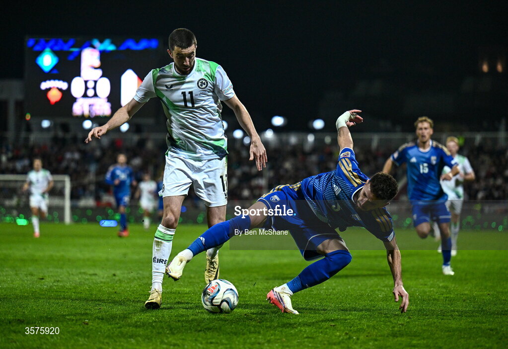24 September 2026; Finn Azaz of Republic of Ireland in action against Lumbardh Dellova of Kosovo during the UEFA Nations League B match between Kosovo and Republic of Ireland at Fadil Vokrri Stadium in Pristina, Kosovo. Photo by Ben McShane/Sportsfile