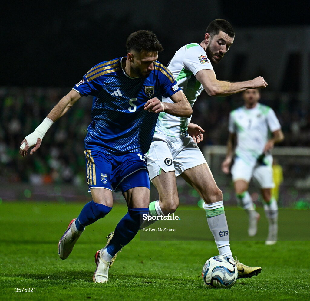 24 September 2026; Lumbardh Dellova of Kosovo and Finn Azaz of Republic of Ireland during the UEFA Nations League B match between Kosovo and Republic of Ireland at Fadil Vokrri Stadium in Pristina, Kosovo. Photo by Ben McShane/Sportsfile