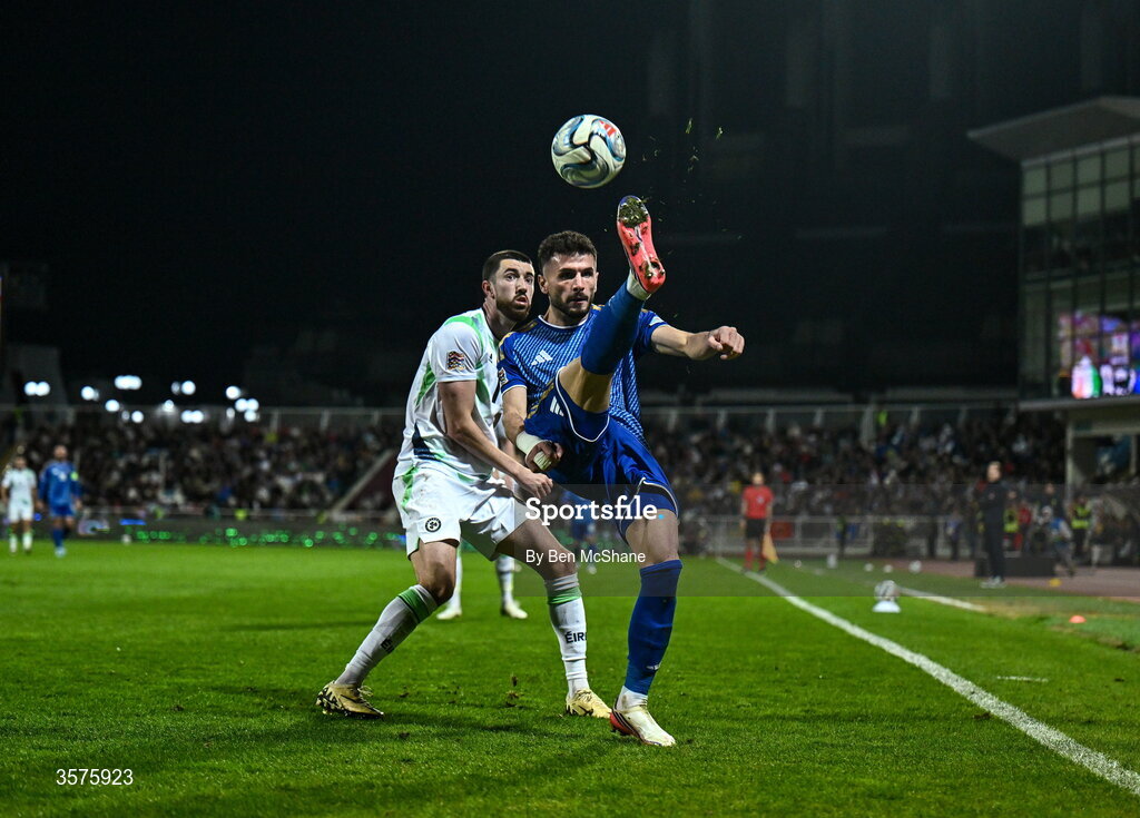 24 September 2026; Lumbardh Dellova of Kosovo in action against Finn Azaz of Republic of Ireland during the UEFA Nations League B match between Kosovo and Republic of Ireland at Fadil Vokrri Stadium in Pristina, Kosovo. Photo by Ben McShane/Sportsfile