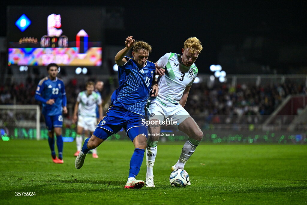 24 September 2026; Mërgim Vojvoda of Kosovo in action against Liam Scales of Republic of Ireland during the UEFA Nations League B match between Kosovo and Republic of Ireland at Fadil Vokrri Stadium in Pristina, Kosovo. Photo by Ben McShane/Sportsfile