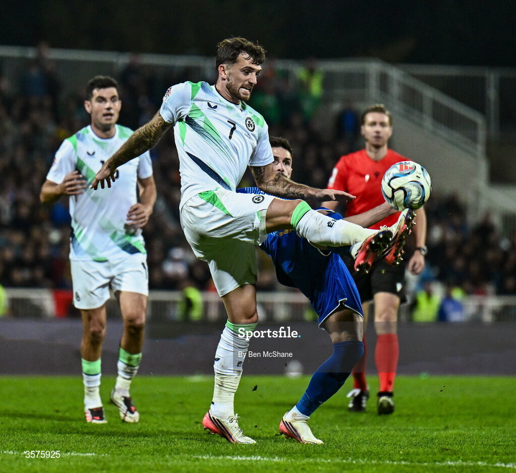 24 September 2026; Troy Parrott of Republic of Ireland during the UEFA Nations League B match between Kosovo and Republic of Ireland at Fadil Vokrri Stadium in Pristina, Kosovo. Photo by Ben McShane/Sportsfile