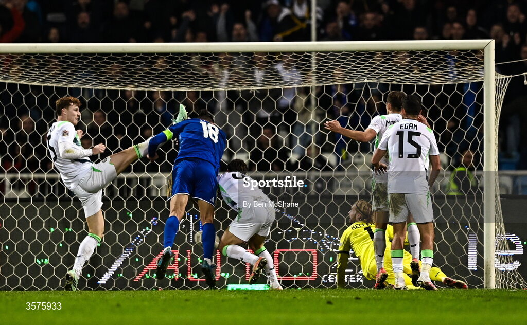 24 September 2026; Vedat Muriqi of Kosovo heads his side's first goal during the UEFA Nations League B match between Kosovo and Republic of Ireland at Fadil Vokrri Stadium in Pristina, Kosovo. Photo by Ben McShane/Sportsfile