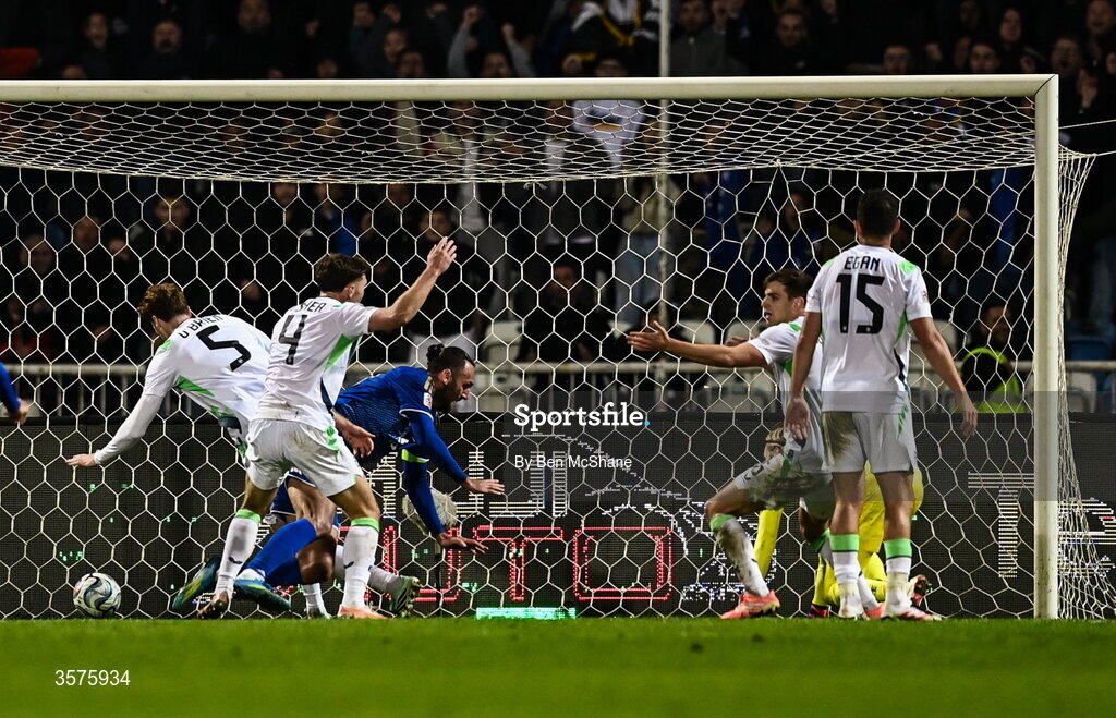 24 September 2026; Vedat Muriqi of Kosovo turns to celebrate after scoring his side's first goal during the UEFA Nations League B match between Kosovo and Republic of Ireland at Fadil Vokrri Stadium in Pristina, Kosovo. Photo by Ben McShane/Sportsfile