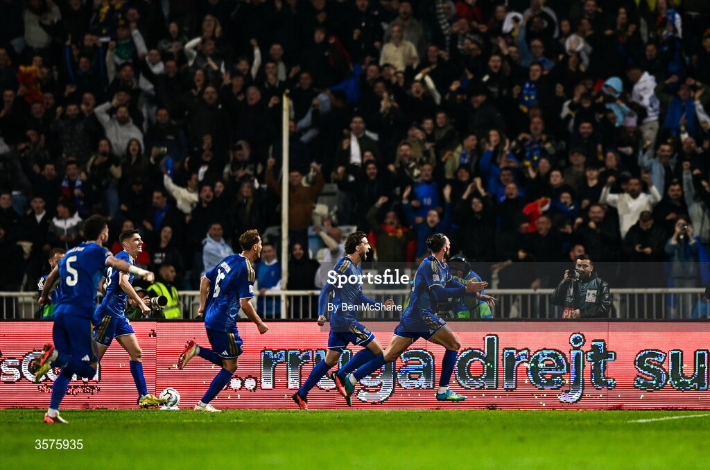 24 September 2026; Vedat Muriqi, right, of Kosovo celebrates with team-mates after scoring their side's first goal during the UEFA Nations League B match between Kosovo and Republic of Ireland at Fadil Vokrri Stadium in Pristina, Kosovo. Photo by Ben McShane/Sportsfile