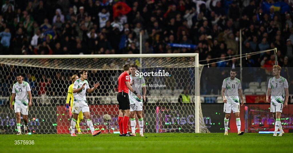 24 September 2026; Dara O'Shea of Republic of Ireland appeals to referee Lawrence Visser after his side conceded a goal during the UEFA Nations League B match between Kosovo and Republic of Ireland at Fadil Vokrri Stadium in Pristina, Kosovo. Photo by Ben McShane/Sportsfile