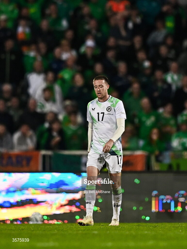 24 September 2026; Jack Moylan of Republic of Ireland after his side conceded a goal during the UEFA Nations League B match between Kosovo and Republic of Ireland at Fadil Vokrri Stadium in Pristina, Kosovo. Photo by Ben McShane/Sportsfile