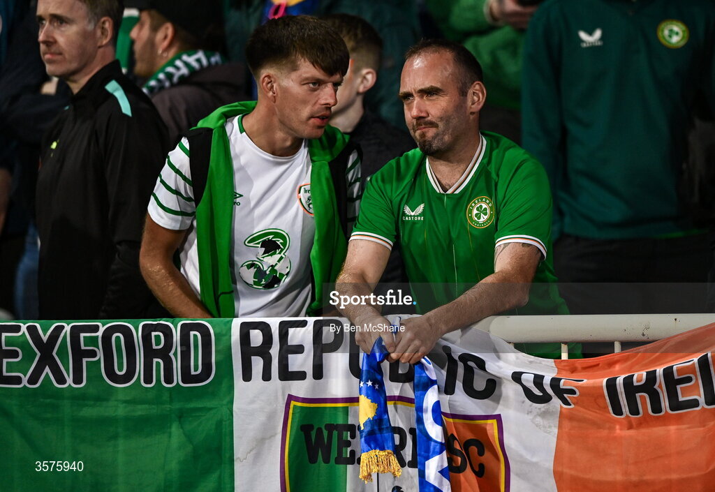 24 September 2026; Republic of Ireland supporters following defeat in the UEFA Nations League B match between Kosovo and Republic of Ireland at Fadil Vokrri Stadium in Pristina, Kosovo. Photo by Ben McShane/Sportsfile