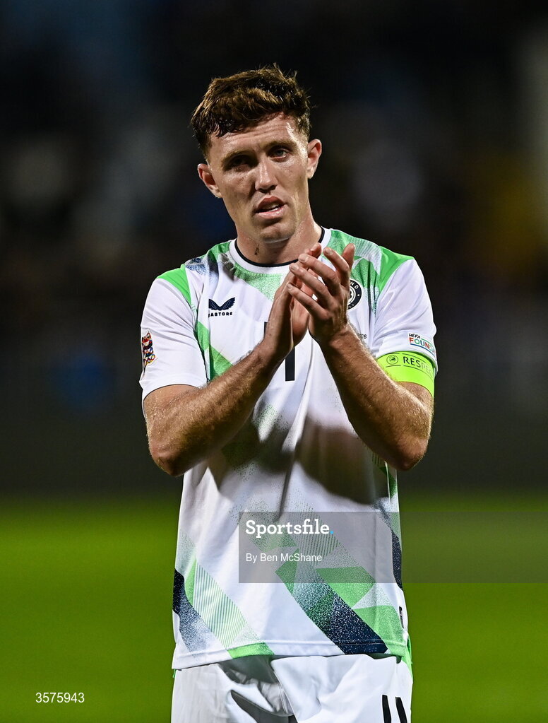 24 September 2026; Dara O'Shea of Republic of Ireland acknowledges his side's supporters following defeat in the UEFA Nations League B match between Kosovo and Republic of Ireland at Fadil Vokrri Stadium in Pristina, Kosovo. Photo by Ben McShane/Sportsfile
