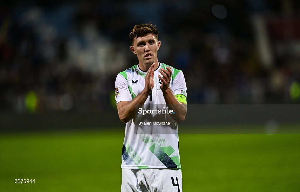 24 September 2026; Dara O'Shea of Republic of Ireland acknowledges his side's supporters following defeat in the UEFA Nations League B match between Kosovo and Republic of Ireland at Fadil Vokrri Stadium in Pristina, Kosovo. Photo by Ben McShane/Sportsfile