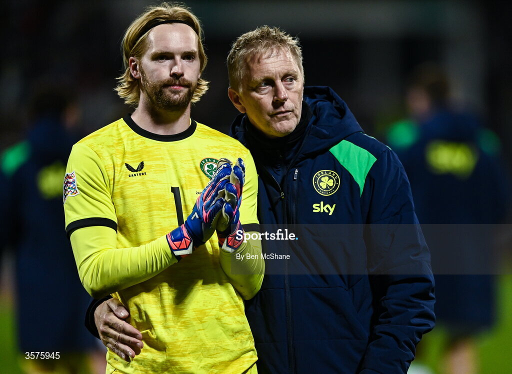 24 September 2026; Republic of Ireland goalkeeper Caoimhín Kelleher and head coach Heimir Hallgrimsson following their side's defeat in the UEFA Nations League B match between Kosovo and Republic of Ireland at Fadil Vokrri Stadium in Pristina, Kosovo. Photo by Ben McShane/Sportsfile
