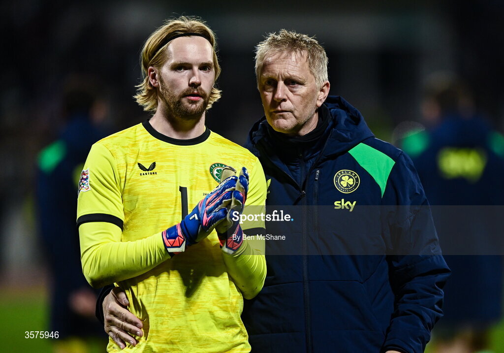 24 September 2026; Republic of Ireland goalkeeper Caoimhín Kelleher and head coach Heimir Hallgrimsson following their side's defeat in the UEFA Nations League B match between Kosovo and Republic of Ireland at Fadil Vokrri Stadium in Pristina, Kosovo. Photo by Ben McShane/Sportsfile