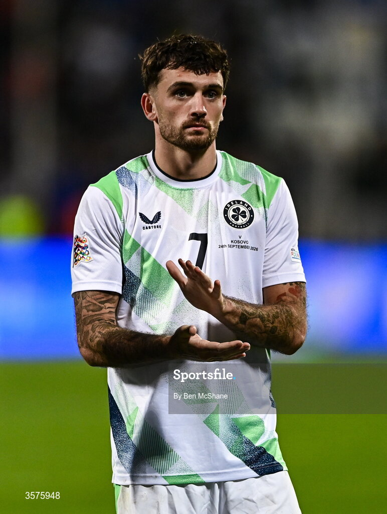 24 September 2026; Troy Parrott of Republic of Ireland acknowledges his side's supporters following his side's defeat in the UEFA Nations League B match between Kosovo and Republic of Ireland at Fadil Vokrri Stadium in Pristina, Kosovo. Photo by Ben McShane/Sportsfile