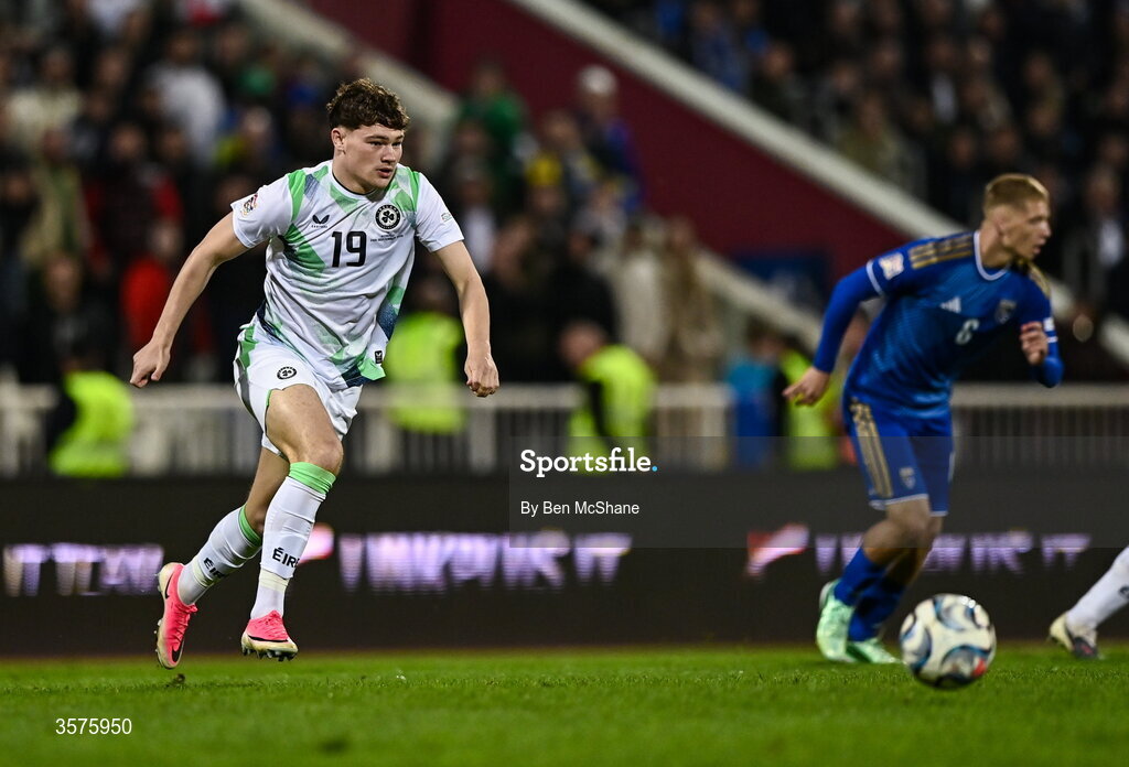 24 September 2026; Owen Elding of Republic of Ireland during the UEFA Nations League B match between Kosovo and Republic of Ireland at Fadil Vokrri Stadium in Pristina, Kosovo. Photo by Ben McShane/Sportsfile