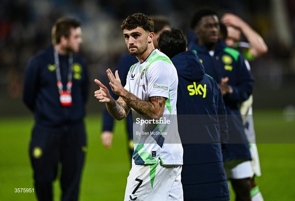 24 September 2026; Troy Parrott of Republic of Ireland acknowledges his side's supporters following his side's defeat in the UEFA Nations League B match between Kosovo and Republic of Ireland at Fadil Vokrri Stadium in Pristina, Kosovo. Photo by Ben McShane/Sportsfile