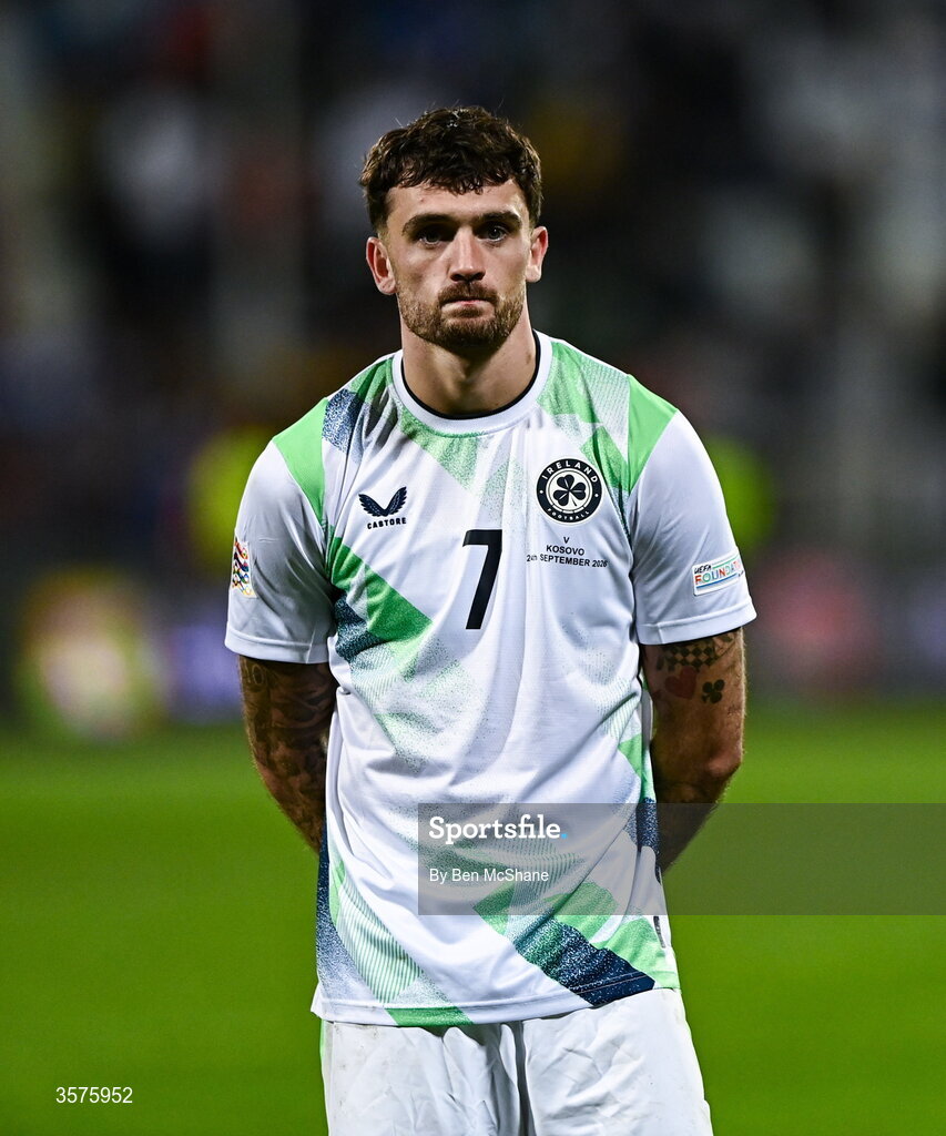 24 September 2026; Troy Parrott of Republic of Ireland following his side's defeat in the UEFA Nations League B match between Kosovo and Republic of Ireland at Fadil Vokrri Stadium in Pristina, Kosovo. Photo by Ben McShane/Sportsfile