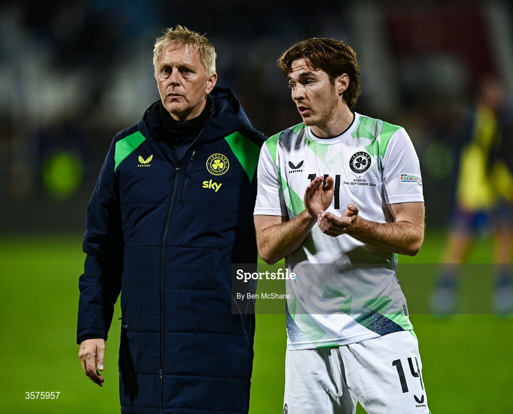 24 September 2026; Republic of Ireland head coach Heimir Hallgrimsson and Conor Coventry following their side's defeat in the UEFA Nations League B match between Kosovo and Republic of Ireland at Fadil Vokrri Stadium in Pristina, Kosovo. Photo by Ben McShane/Sportsfile