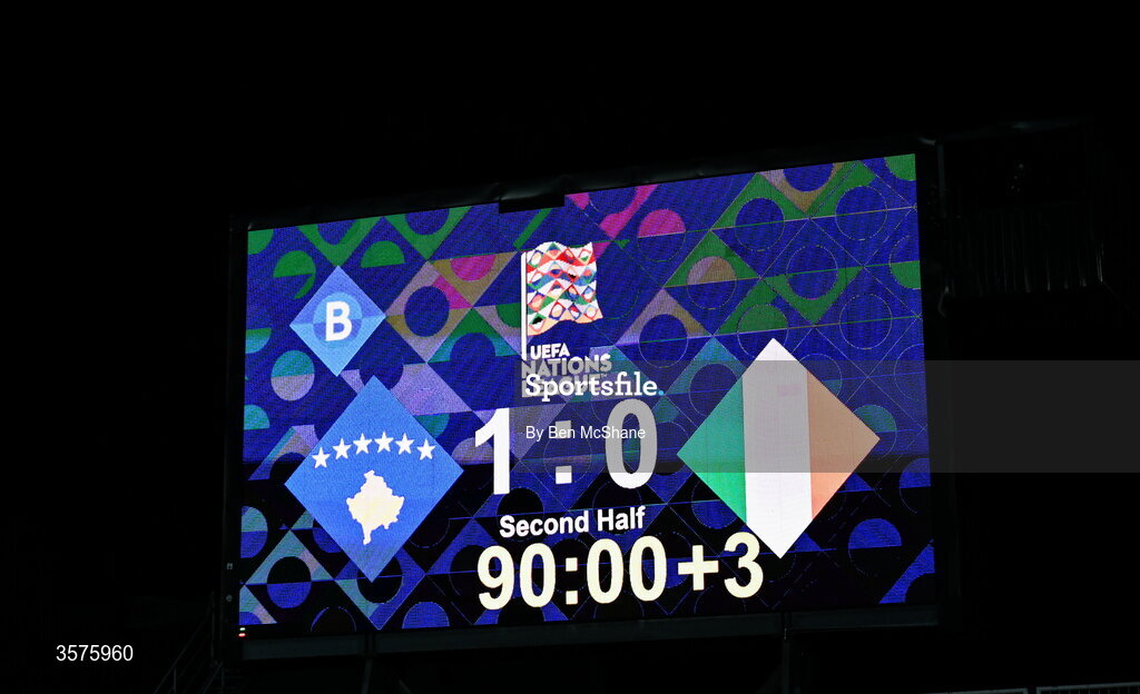 24 September 2026; A stadium screen showing the final score of Kosovo 1 Republic of Ireland 0 during the UEFA Nations League B match between Kosovo and Republic of Ireland at Fadil Vokrri Stadium in Pristina, Kosovo. Photo by Ben McShane/Sportsfile