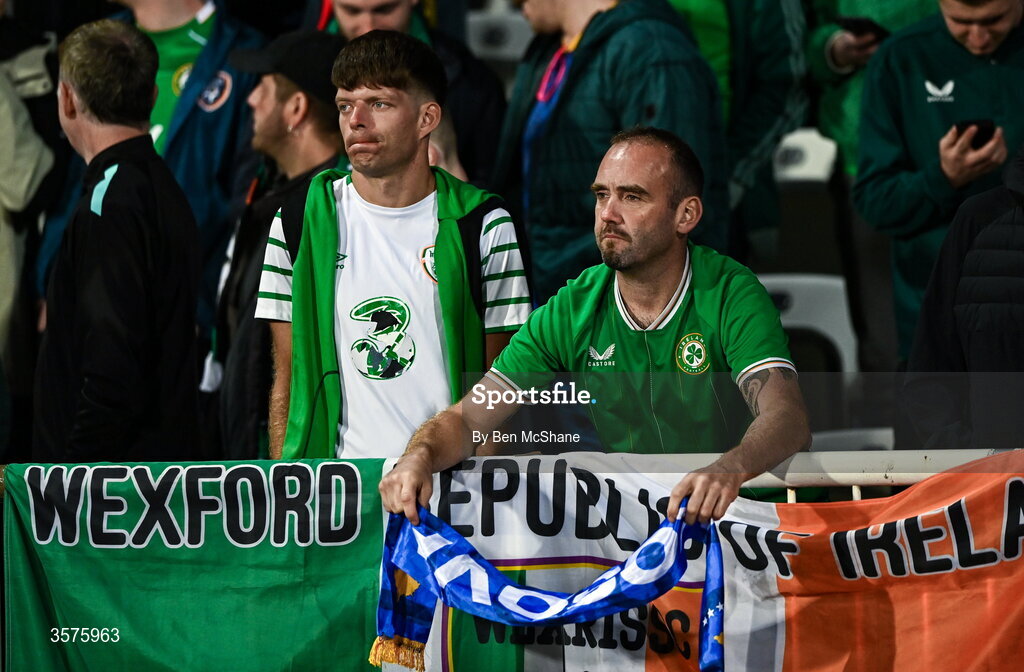 24 September 2026; Republic of Ireland supporters following their side's defeat in the UEFA Nations League B match between Kosovo and Republic of Ireland at Fadil Vokrri Stadium in Pristina, Kosovo. Photo by Ben McShane/Sportsfile
