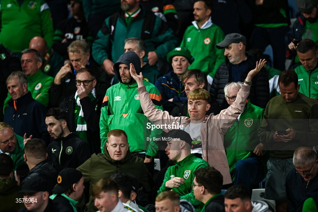 24 September 2026; Republic of Ireland supporters following their side's defeat in the UEFA Nations League B match between Kosovo and Republic of Ireland at Fadil Vokrri Stadium in Pristina, Kosovo. Photo by Ben McShane/Sportsfile