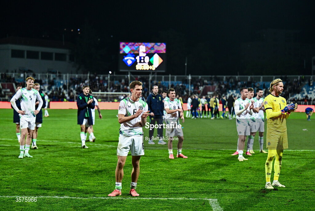 24 September 2026; Republic of Ireland players, including Jayson Molumby and goalkeeper Caoimhín Kelleher acknowledges their supporters following their side's defeat in the UEFA Nations League B match between Kosovo and Republic of Ireland at Fadil Vokrri Stadium in Pristina, Kosovo. Photo by Ben McShane/Sportsfile