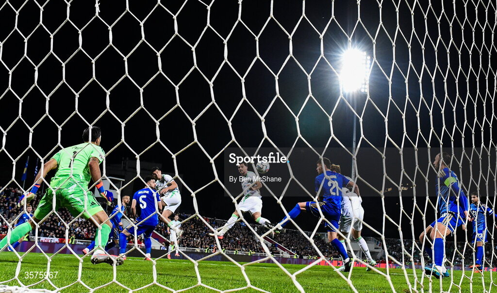 24 September 2026; Troy Parrott of Republic of Ireland has a header on goal during the UEFA Nations League B match between Kosovo and Republic of Ireland at Fadil Vokrri Stadium in Pristina, Kosovo. Photo by Ben McShane/Sportsfile