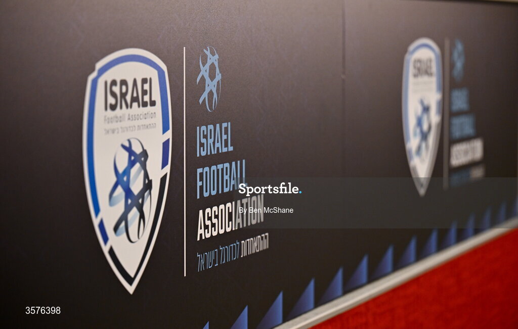 26 September 2026; The Israel badge is seen before the press conference room before the Republic of Ireland press conference at Nagyerdei Stadion in Debrecen, Hungary. Photo by Ben McShane/Sportsfile