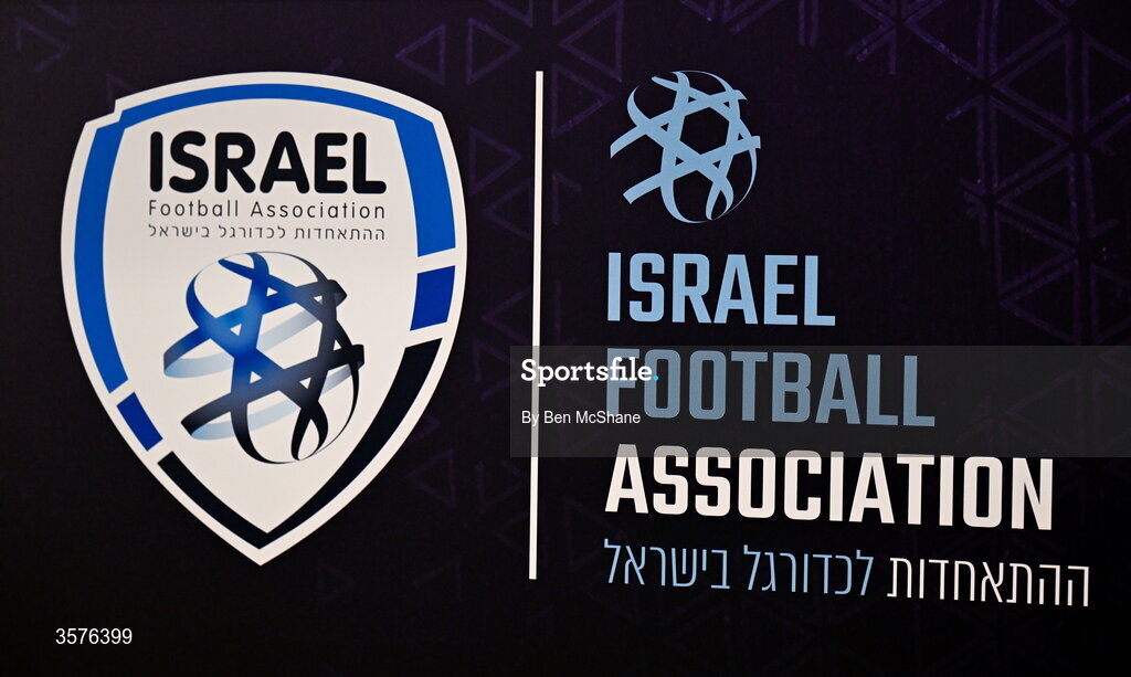 26 September 2026; The Israel badge is seen before the press conference room before the Republic of Ireland press conference at Nagyerdei Stadion in Debrecen, Hungary. Photo by Ben McShane/Sportsfile