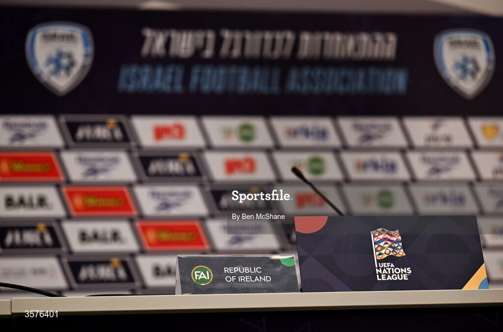 26 September 2026; A general view inside the press conference room before the Republic of Ireland press conference at Nagyerdei Stadion in Debrecen, Hungary. Photo by Ben McShane/Sportsfile