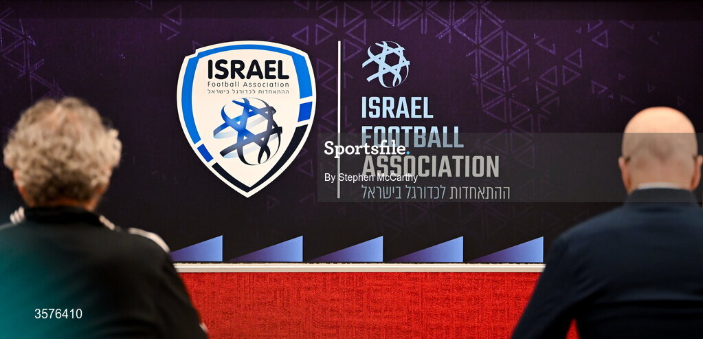 26 September 2026; A general view of the press conference top table featuring the Israel Football Association crest before the Republic of Ireland press conference at Nagyerdei Stadion in Debrecen, Hungary. Photo by Stephen McCarthy/Sportsfile