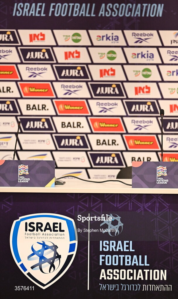 26 September 2026; A general view of the press conference top table featuring the Israel Football Association crest before the Republic of Ireland press conference at Nagyerdei Stadion in Debrecen, Hungary. Photo by Stephen McCarthy/Sportsfile