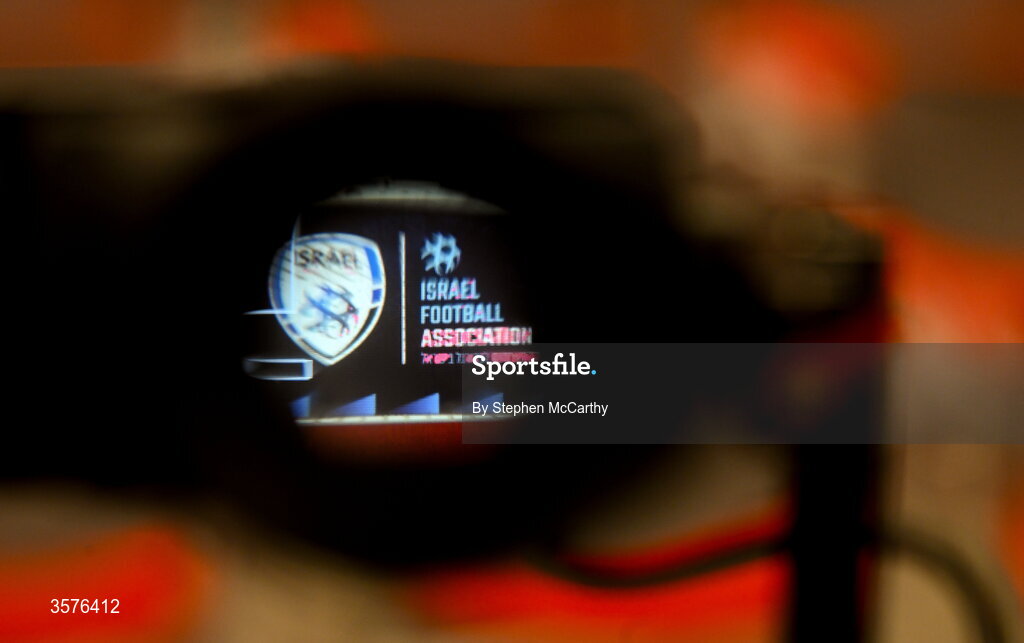 26 September 2026; The Israel Football Association badge is seen through a broadcast camera's viewfinder before a Republic of Ireland press conference at Nagyerdei Stadion in Debrecen, Hungary. Photo by Stephen McCarthy/Sportsfile