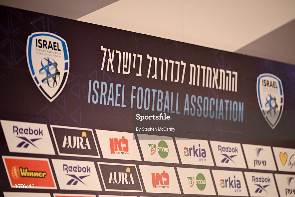 26 September 2026; A general view of the press conference top table featuring the Israel Football Association crest before the Republic of Ireland press conference at Nagyerdei Stadion in Debrecen, Hungary. Photo by Stephen McCarthy/Sportsfile