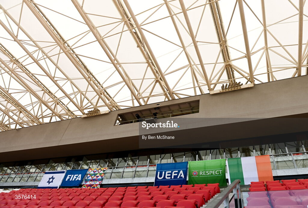 26 September 2026; The flags of, from left, Israel, FIFA, UEFA Nations League, UEFA and the Republic of Ireland are seen in the stadium before the Republic of Ireland training session at Nagyerdei Stadion in Debrecen, Hungary. Photo by Ben McShane/Sportsfile