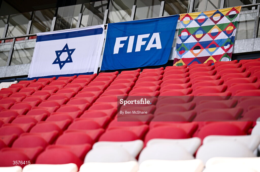 26 September 2026; The flags of, from left, Israel, FIFA and the UEFA Nations League are seen in the stadium before the Republic of Ireland training session at Nagyerdei Stadion in Debrecen, Hungary. Photo by Ben McShane/Sportsfile