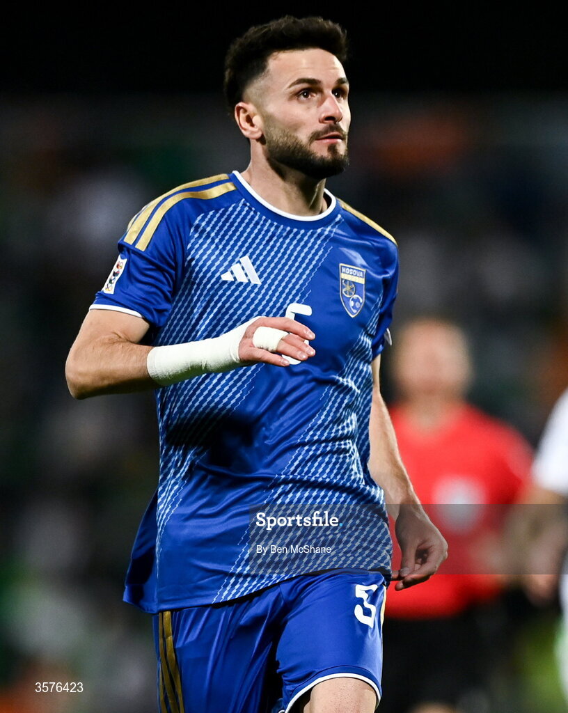 24 September 2026; Lumbardh Dellova of Kosovo during the UEFA Nations League B match between Kosovo and Republic of Ireland at Fadil Vokrri Stadium in Pristina, Kosovo. Photo by Ben McShane/Sportsfile