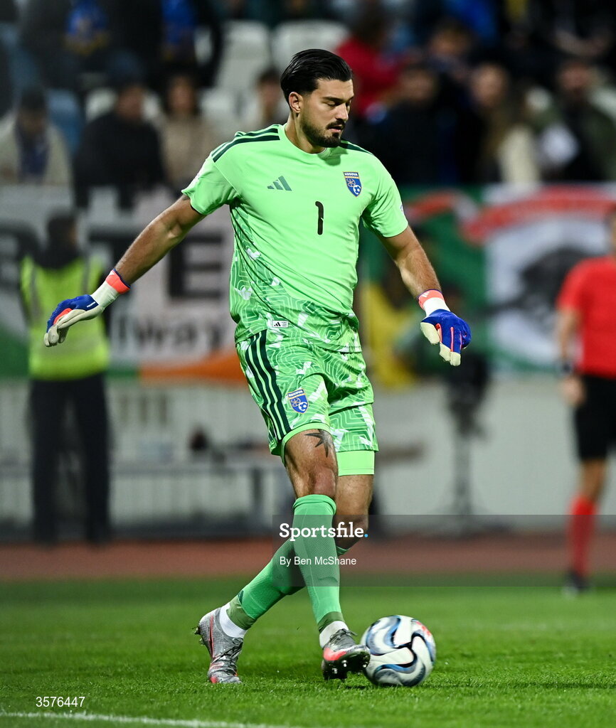 24 September 2026; Kosovo goalkeeper Arijanet Muric during the UEFA Nations League B match between Kosovo and Republic of Ireland at Fadil Vokrri Stadium in Pristina, Kosovo. Photo by Ben McShane/Sportsfile